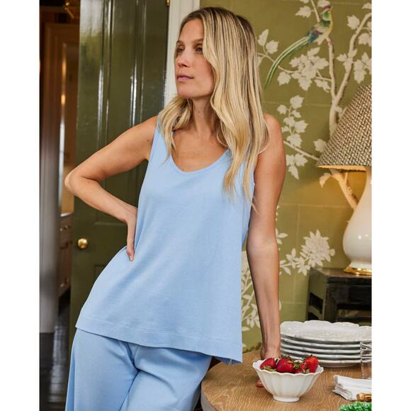 Lake Pajamas Pointelle Pima Cotton Pajama Set French Blue Tank Pants - Picture 4 of 14